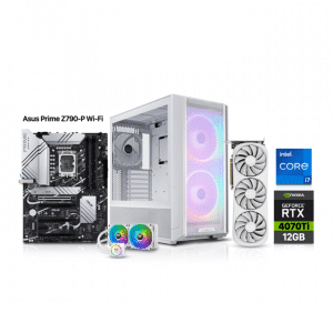 Gaming PC i7-13700K, Asus Z790-P WiFi MB, 32GB DDR5 RAM, 1TB NVMe SSD GEN-4 + 1TB NVMe SSD, Zotac RTX 4070 Ti 12GB White VGA, Thermaltake L240 Liquid Cooler White, 850 Watts Gold PSU, Lian-Li Lancool 216 RGB Case, Win 10 Pro
