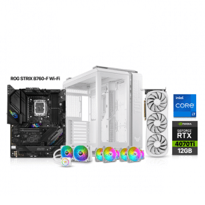 Gaming PC i7-13700K, Asus ROG Strix B760-F MB, 32GB DDR5 (5200) RAM, 2TB NVMe SSD, Zotac Trinity RTX 4070 Ti 12GB White VGA, Thermaltake TH240 Liquid-Cooler White, 850 Watt Gold PSU, Asus TUF Fan 6 Fans White, Asus TUF 502 White Case, Win 10 Pro