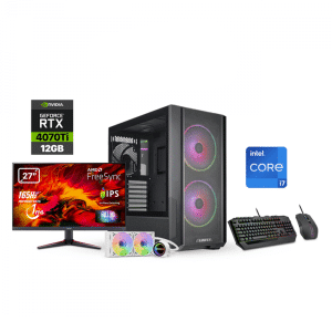 Gaming PC i7-13700K, Rog Strix B760-F, 32GB DDR5 RAM, 1TB NVMe GEN-4 + 1TB NVMe SSD, RTX 4070Ti 12GB VGA, Azza L240 Liquid Cooler, 850 Watts Gold PSU, Lancool 216 RGB ATX Case + Acer VG271 FHD Monitor + Cooler Master Devastator 3 RGB Com Combo KB Mouse