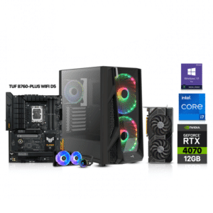 Customised Gaming i7-13700F Processor, ASUS TUF B760-D5 WIFI MB, 32GB RAM DDR5 (5200), 2TB SSD NVME, ASUS Dual RTX 4070 12GB VGA, 750 WATT GOLD PSU, AZZA L240 Liquid Cooler , AeroCool NightHawk Mid-Tower, Win 10 Pro License