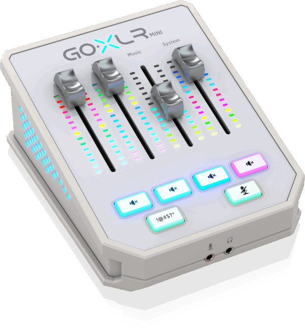 GoXLR Mini White close-up – real-time fader controls and headphone input