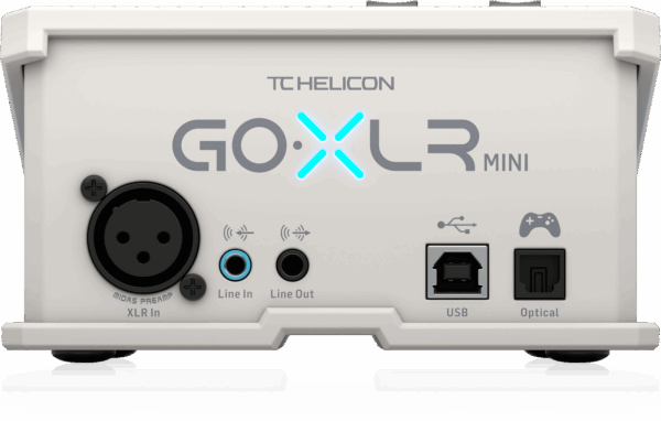 GoXLR Mini White close-up – real-time fader controls and headphone input