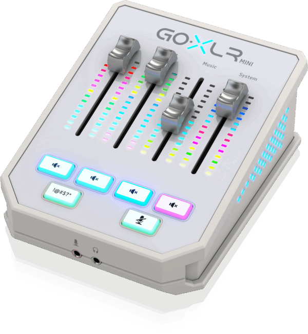 GoXLR Mini White close-up – real-time fader controls and headphone input