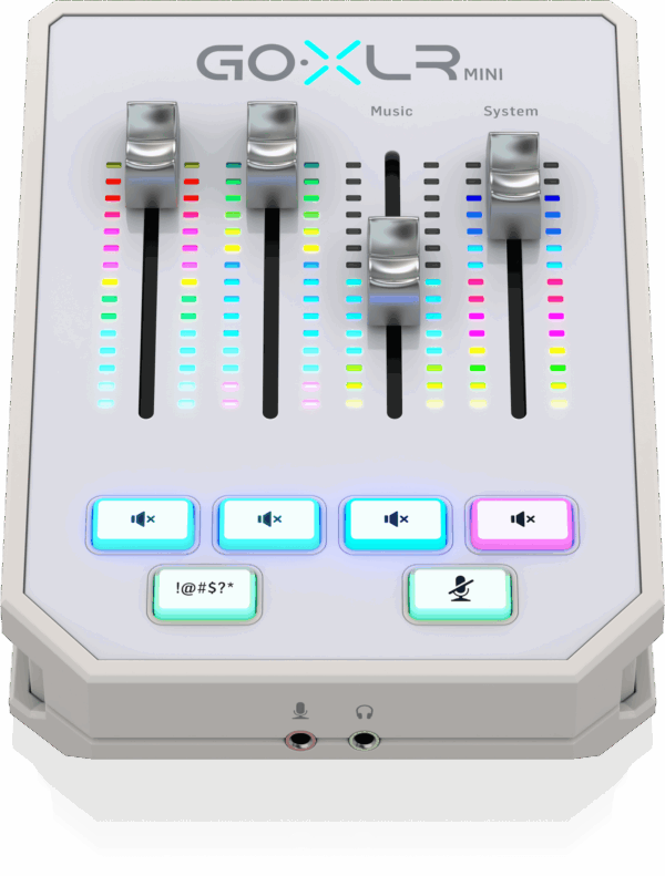 GoXLR Mini White close-up – real-time fader controls and headphone input