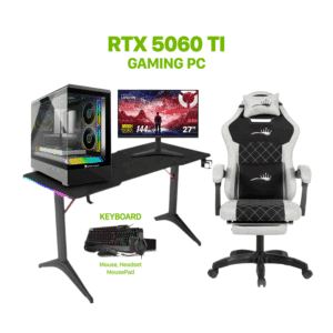 Complete gaming setup featuring Intel i5-14400F, RTX 5060 Ti 16 GB, Lenovo 27" 144 Hz monitor, Royal RGB desk & C23 chair with SharX gaming bundle – available in Kuwait